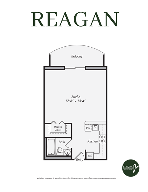 Floor plan for studio, 1 bath, 448 sqft